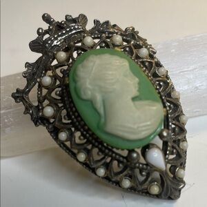 vintage Victorian Silve Tone Green Cameo Brooch and Pendent